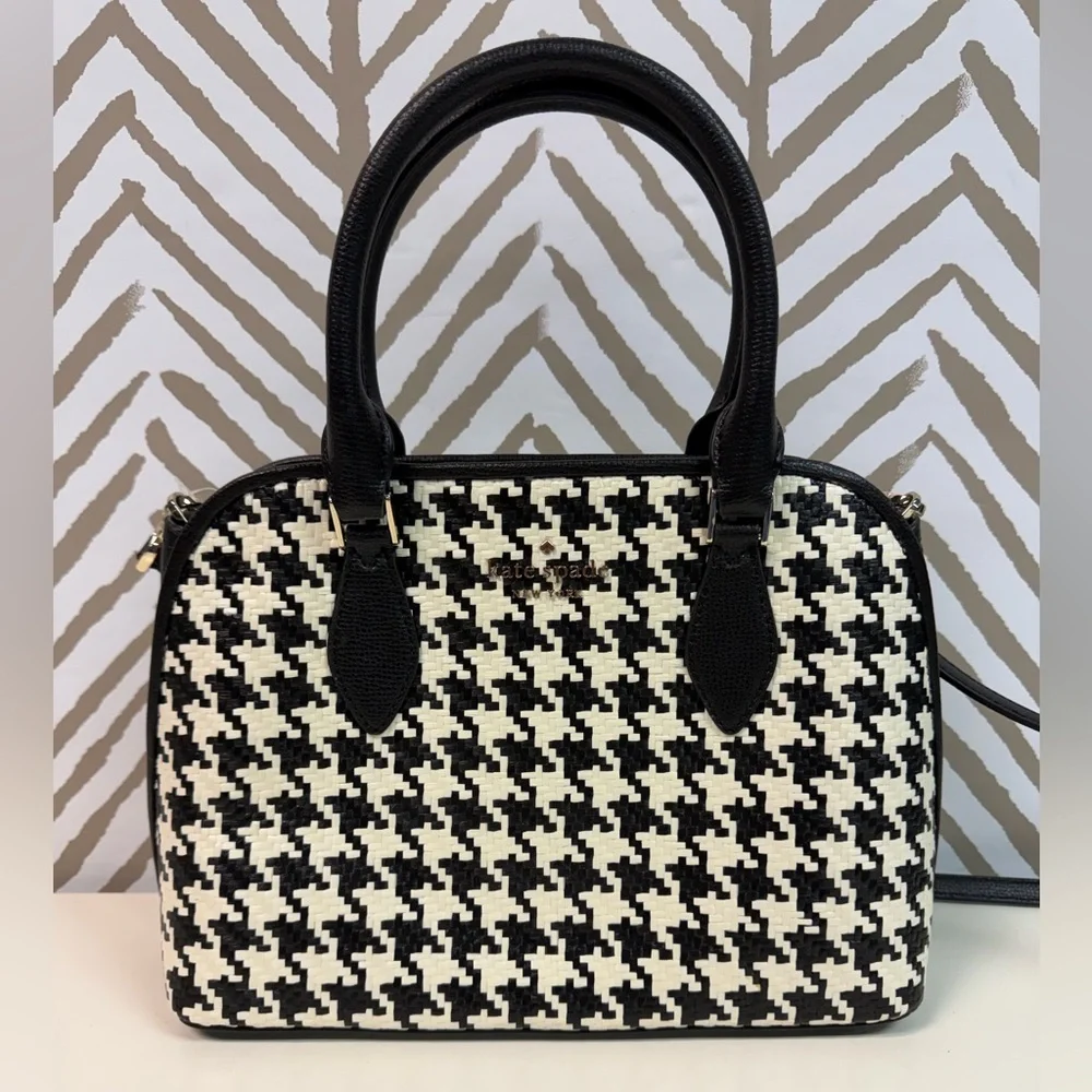 New Kate Spade Small Darcy Houndstooth Straw Satchel with Crossbody Strap - Picture 1 of 9
